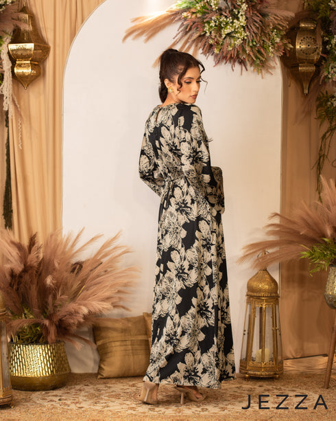 Satin Dress with Printed Statement Sleeves 62781